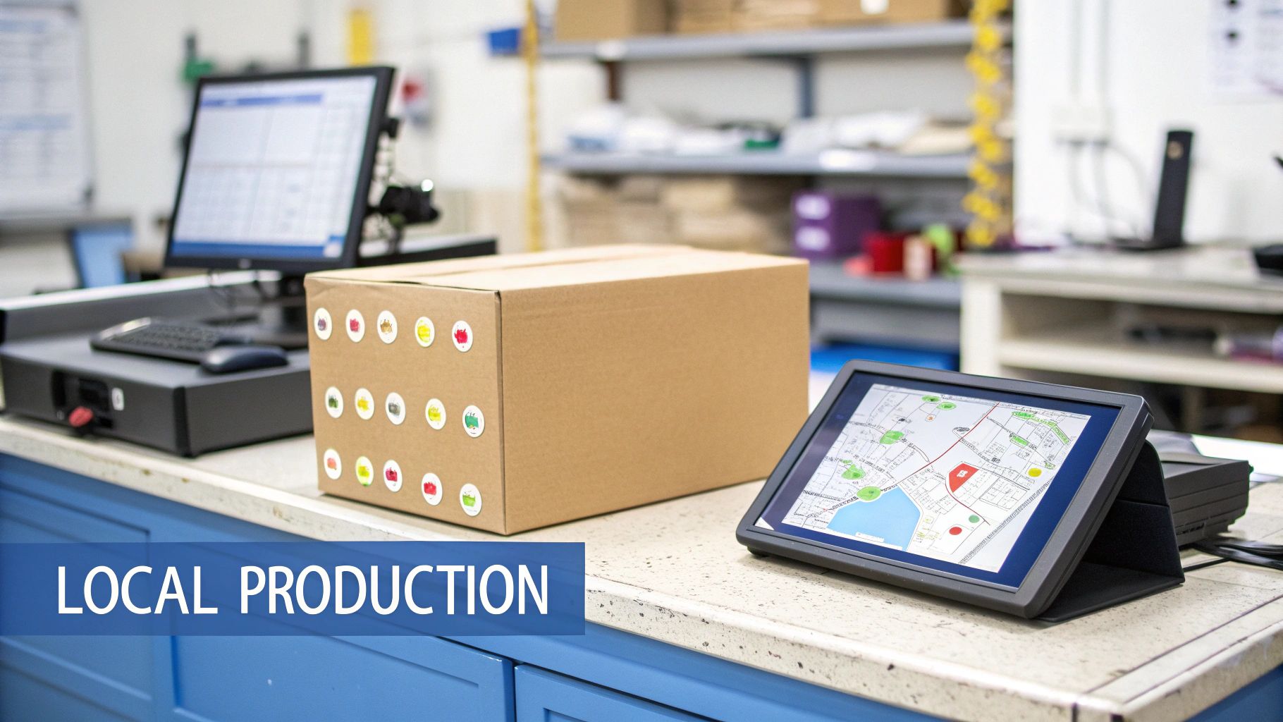 A brown cardboard box with colorful stickers, a computer, and a tablet displaying a map on a production counter.