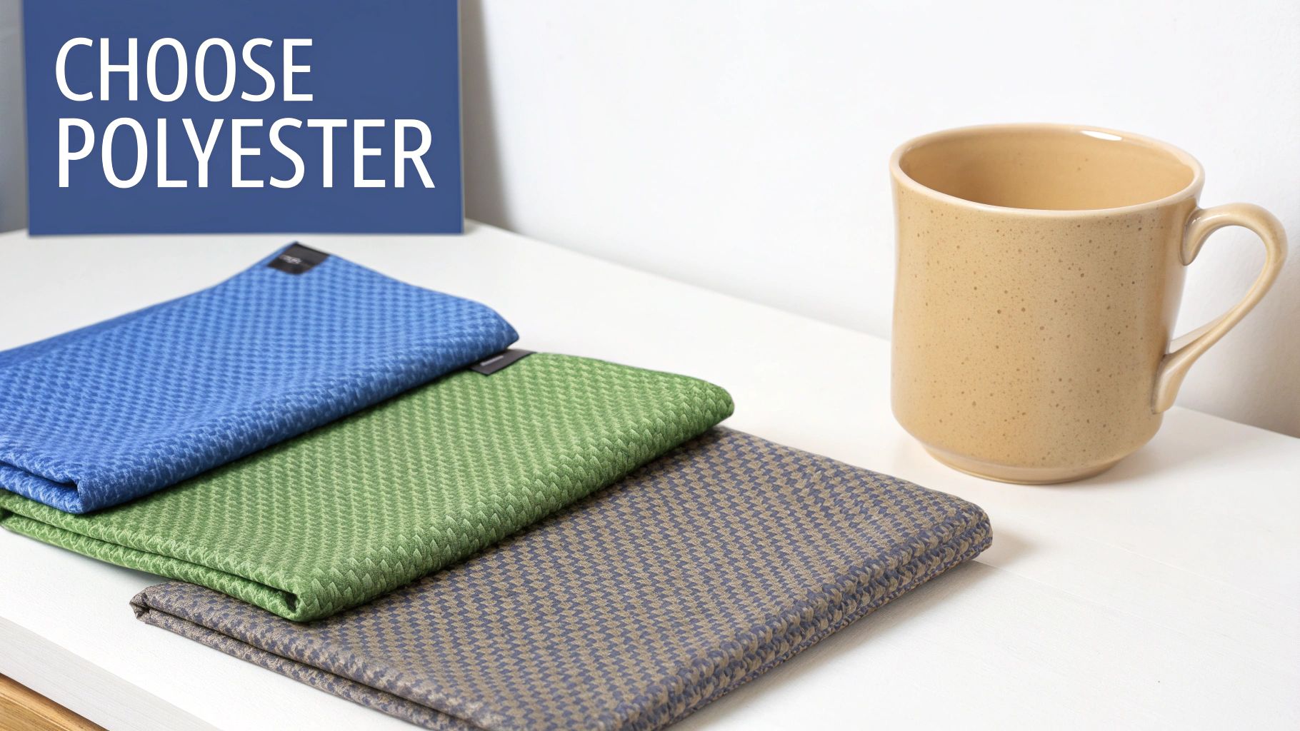 Three folded polyester fabrics in blue, green, and patterned brown, next to a 'CHOOSE POLYESTER' sign and a beige mug.