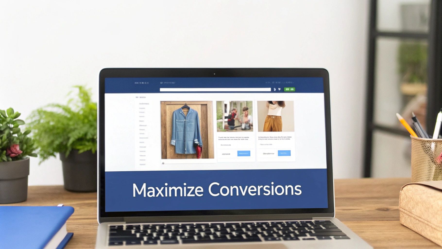 A laptop on a wooden desk displays an e-commerce website featuring clothing items and a 'Maximize Conversions' banner.