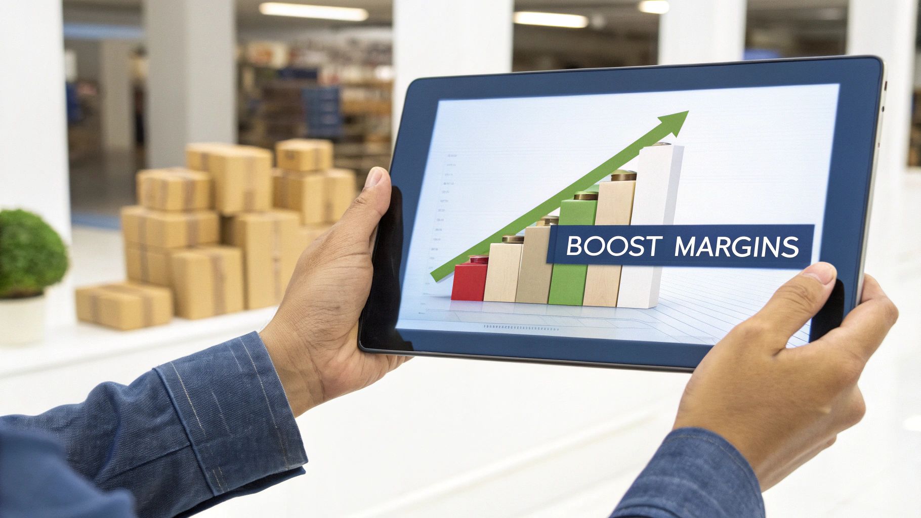 A person holds a tablet displaying a bar chart with an upward arrow and 'BOOST MARGINS' text, representing increased profits.