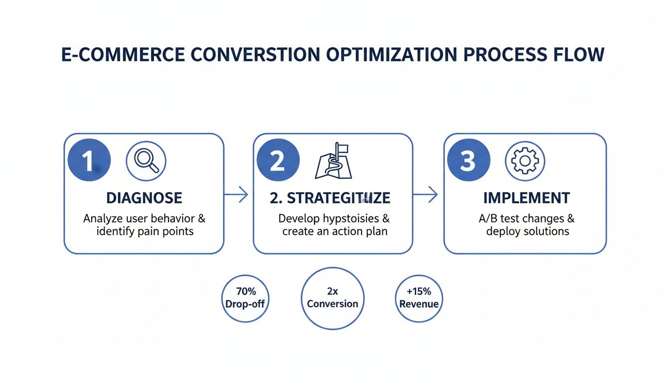 An e-commerce conversion optimization process flow detailing diagnose, strategize, and implement steps with key metrics.