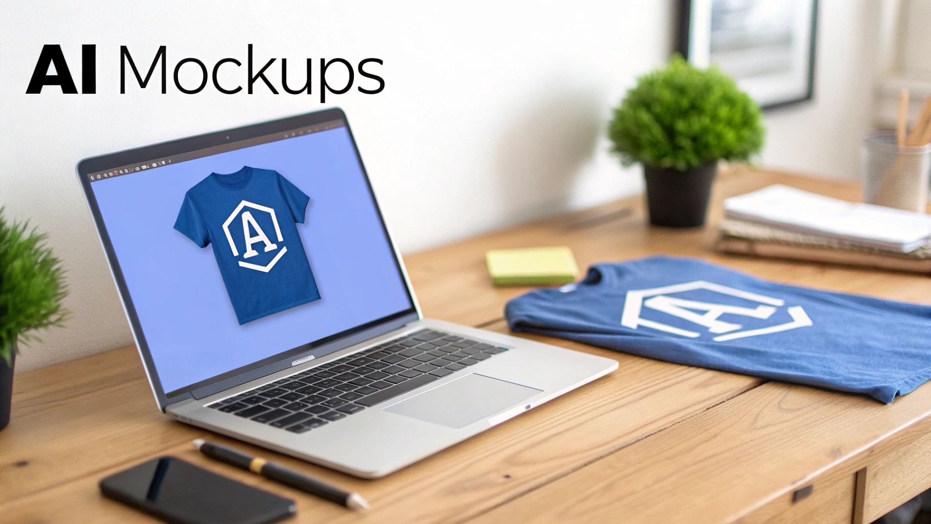 An AI mockup of a blue t--shirt on a laptop screen, with a matching t-shirt on a wooden desk.