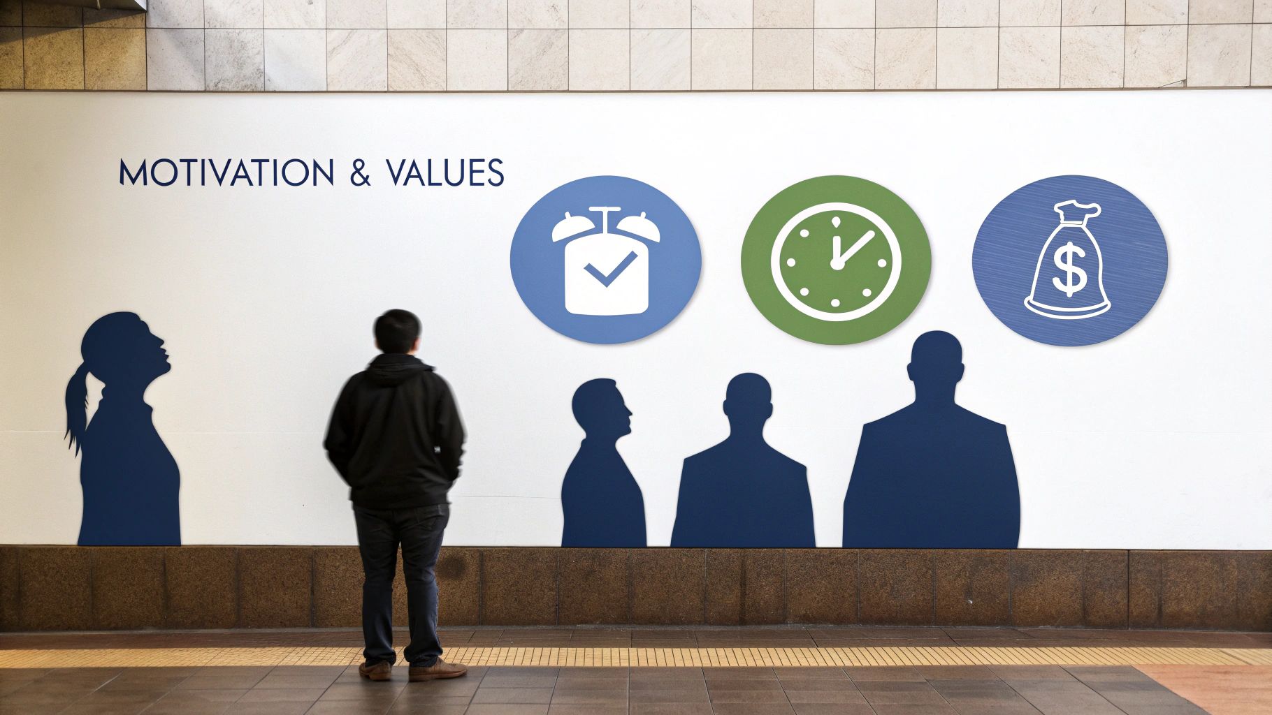 Person viewing a wall display: 'Motivation & Values' with icons of time, productivity, and money.