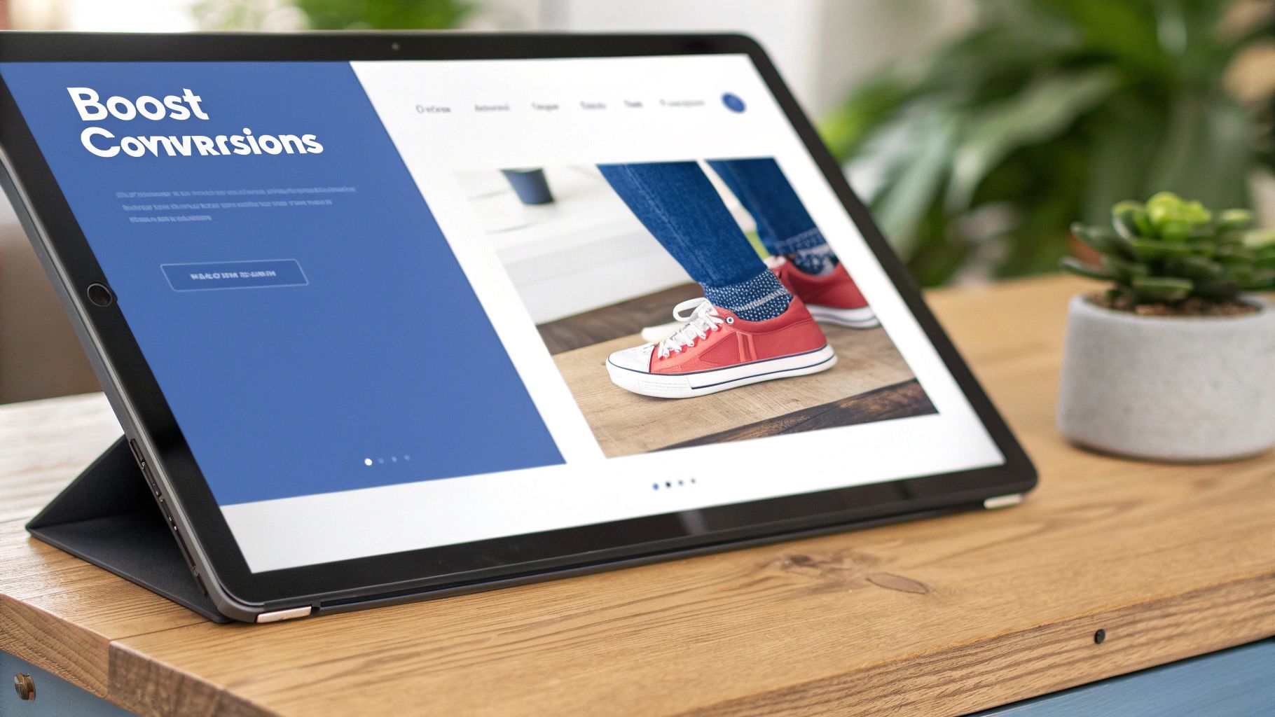 A tablet displaying a website with 'Boost Conversions' text and an image of red sneakers.