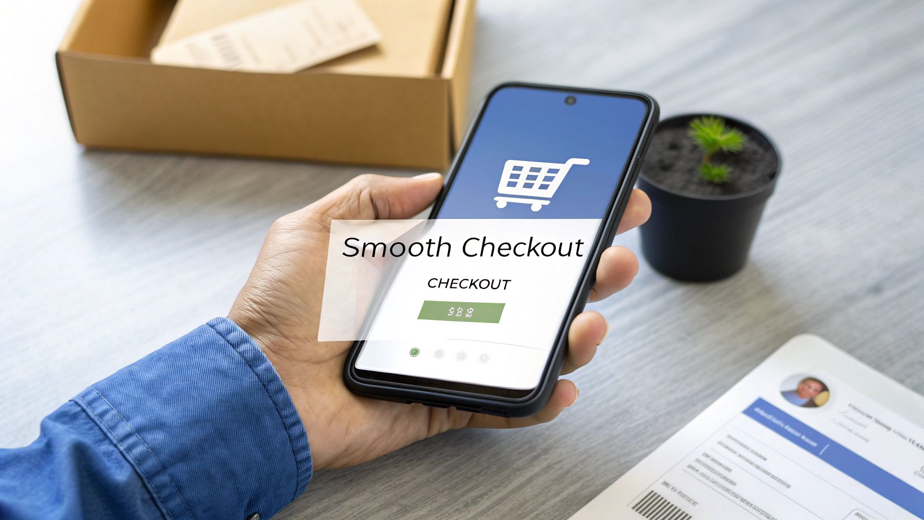 Close-up of a hand holding a smartphone displaying a 'Smooth Checkout' screen for online shopping.