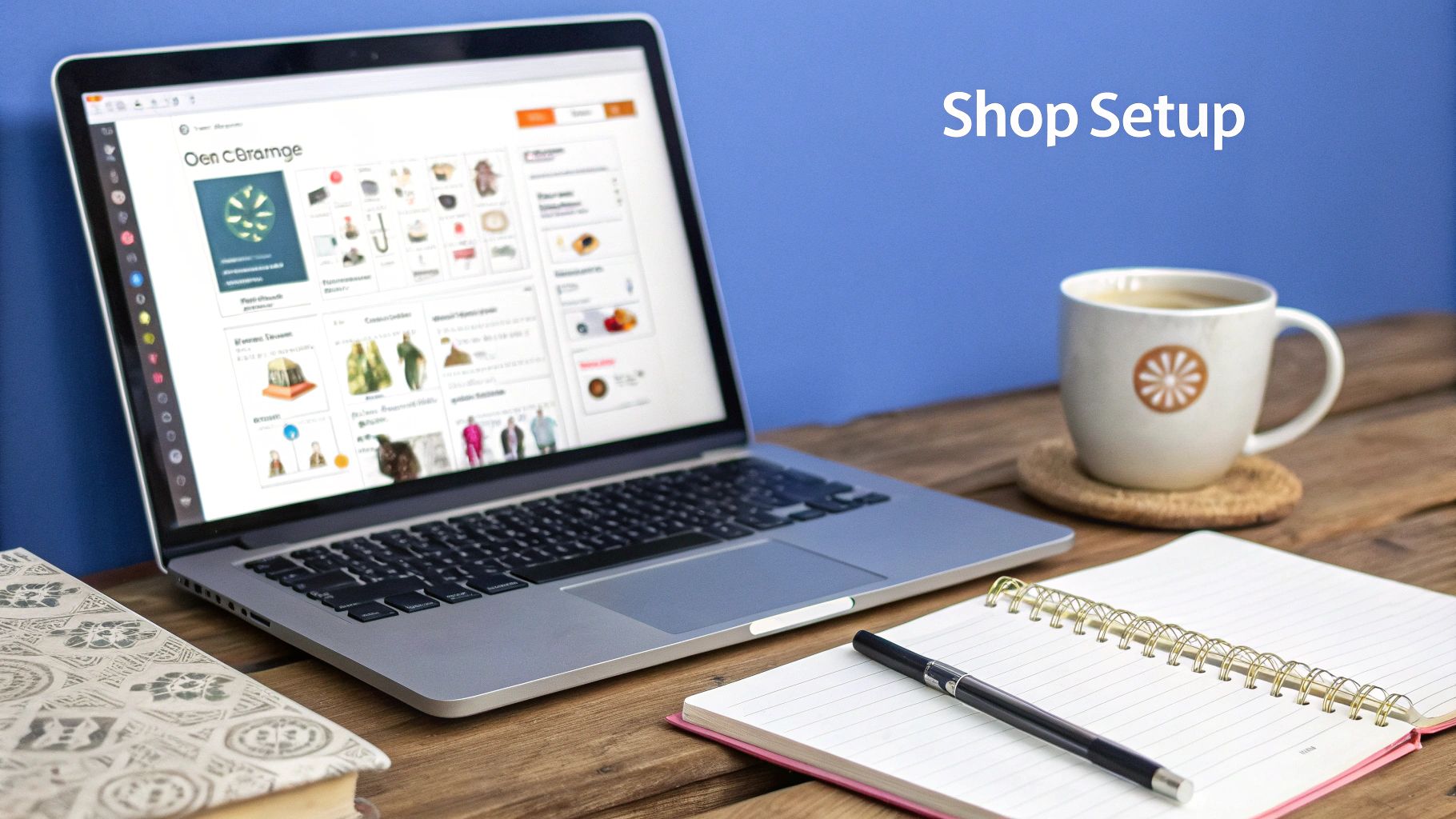 A laptop on a wooden desk displaying an e-commerce shop setup, with coffee, notebook, and pen. 'Shop Setup' text.