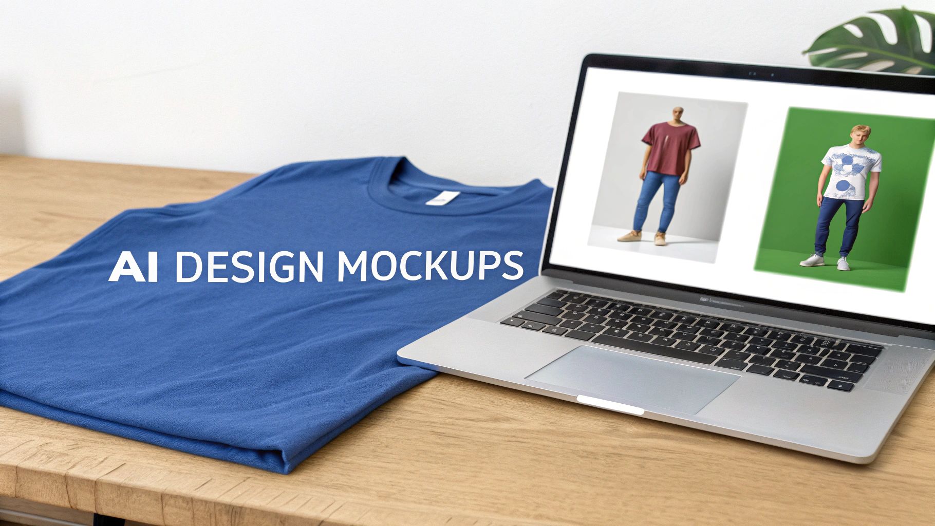 A blue t-shirt lies on a wooden table next to an open laptop displaying AI design mockups.