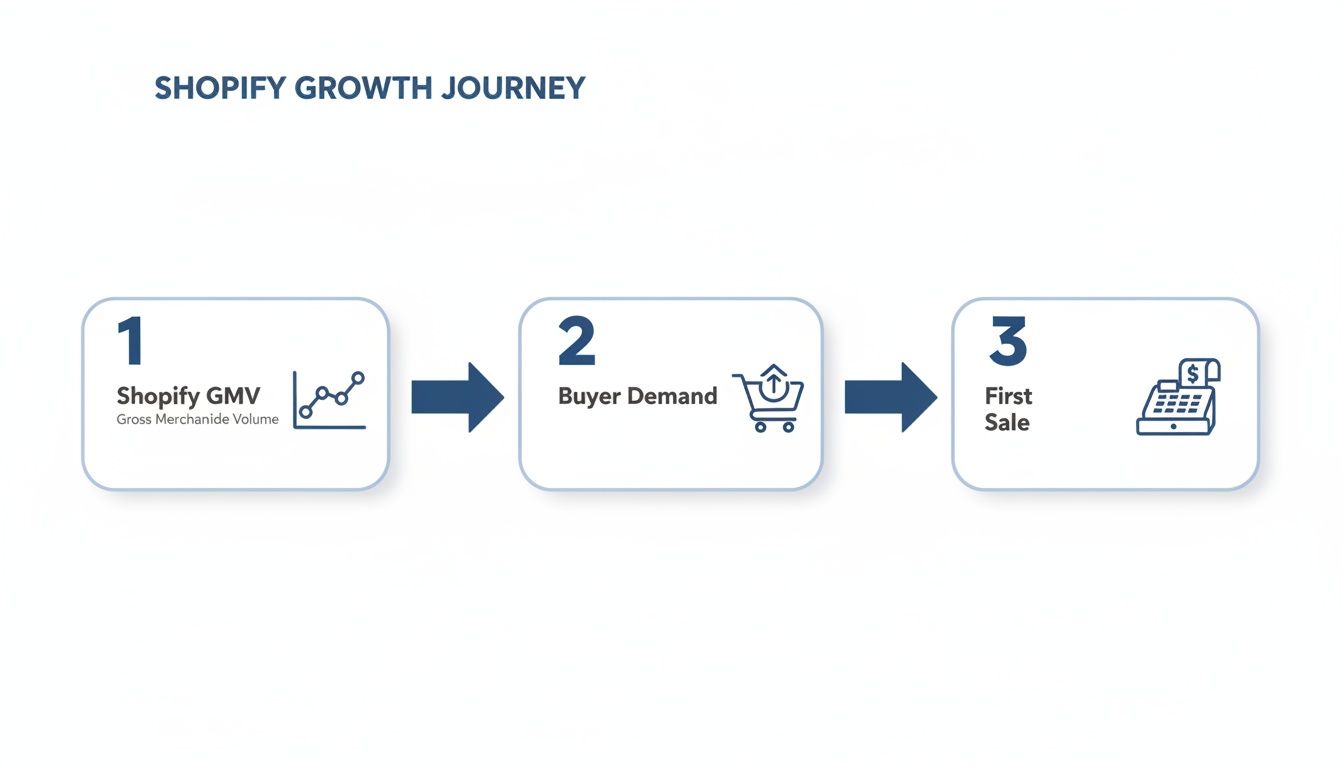 A three-step Shopify growth journey showing GMV, buyer demand, and first sale.