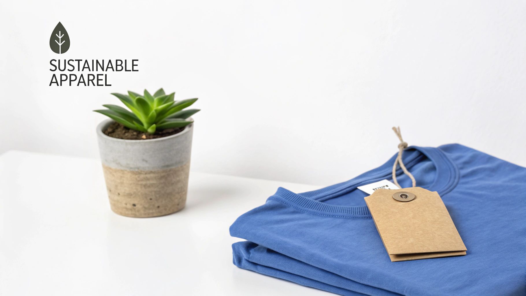 Sustainable apparel logo above a folded blue t-shirt with a blank kraft tag and a potted succulent.