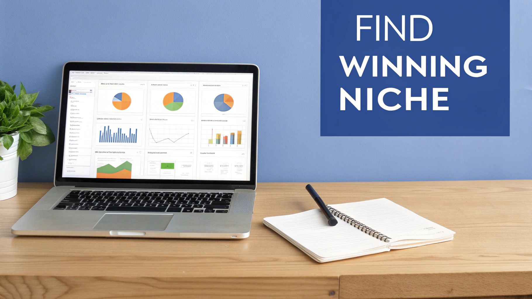 A laptop on a wooden desk displays business charts, with a notebook, pen, and a plant. Text reads 'FIND WINNING NICHE'.
