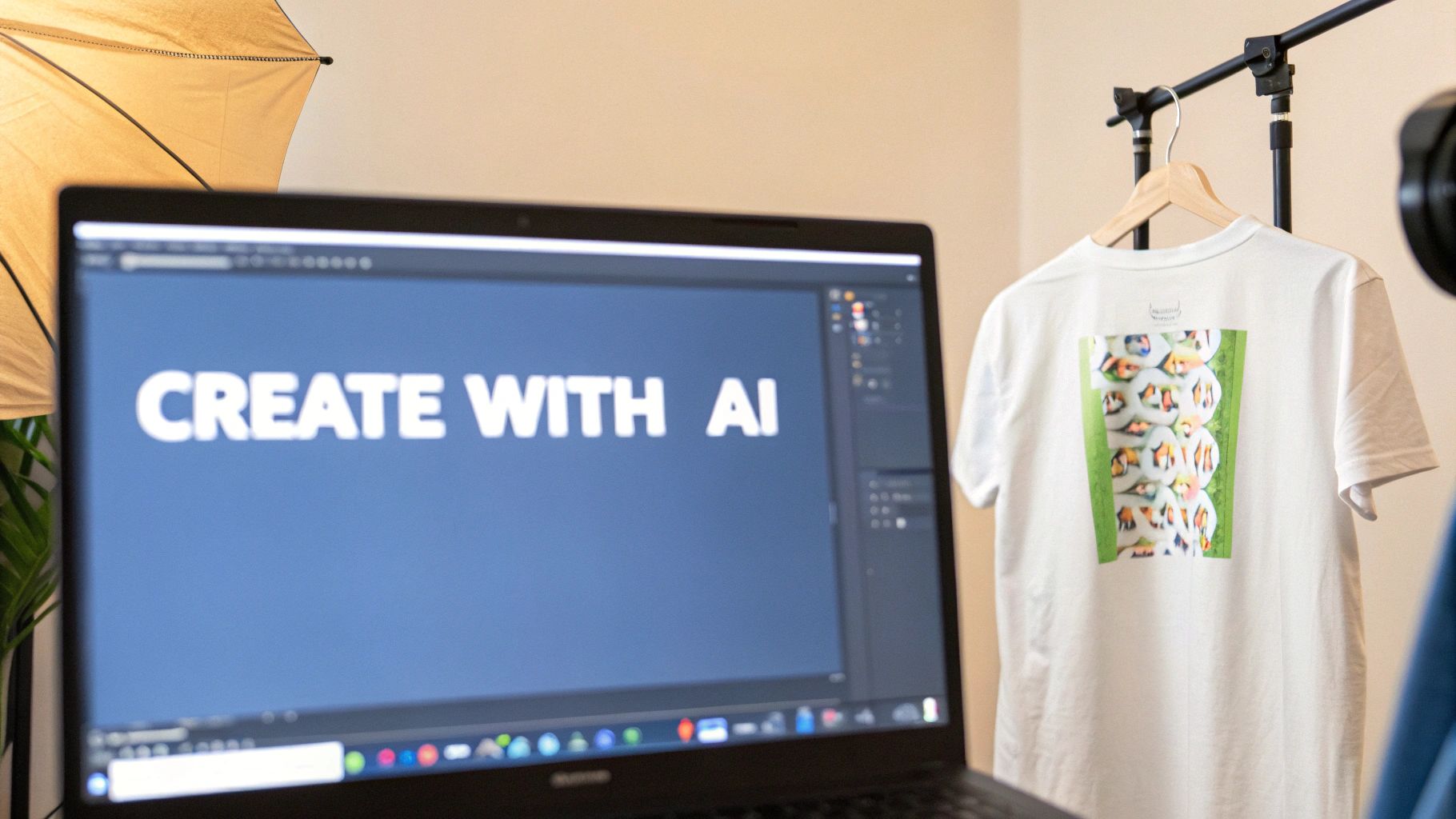 A laptop screen displays 'CREATE WITH AI' text, next to a white t-shirt with a custom print.