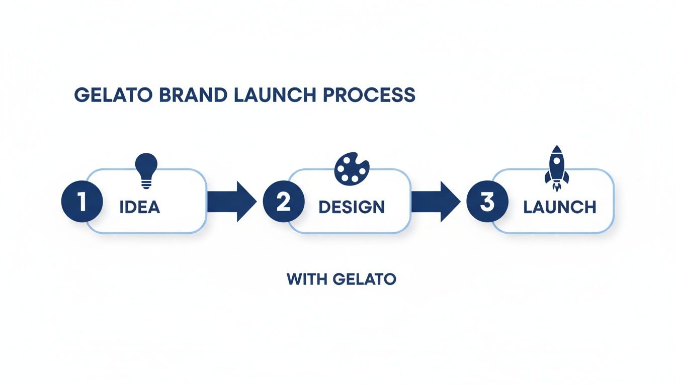 A three-step process diagram illustrating Idea, Design, and Launch for a Gelato brand, with icons.
