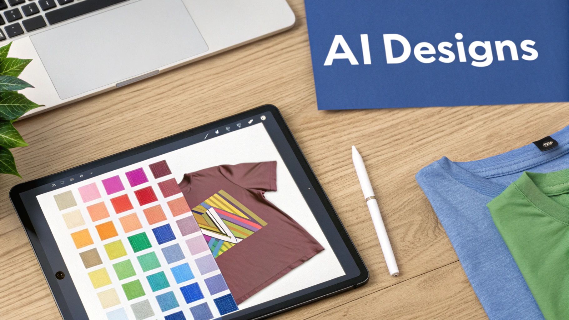A flat lay of a desk with a tablet displaying a T-shirt design, a laptop, and a folder titled 'AI Designs'.