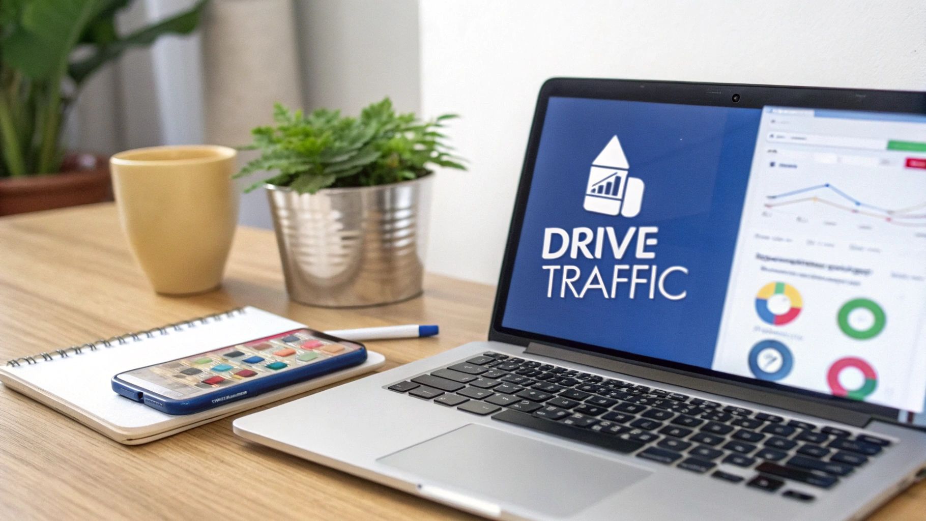 A laptop on a wooden desk displaying 'Drive Traffic' and analytics data, alongside a smartphone and notebook.