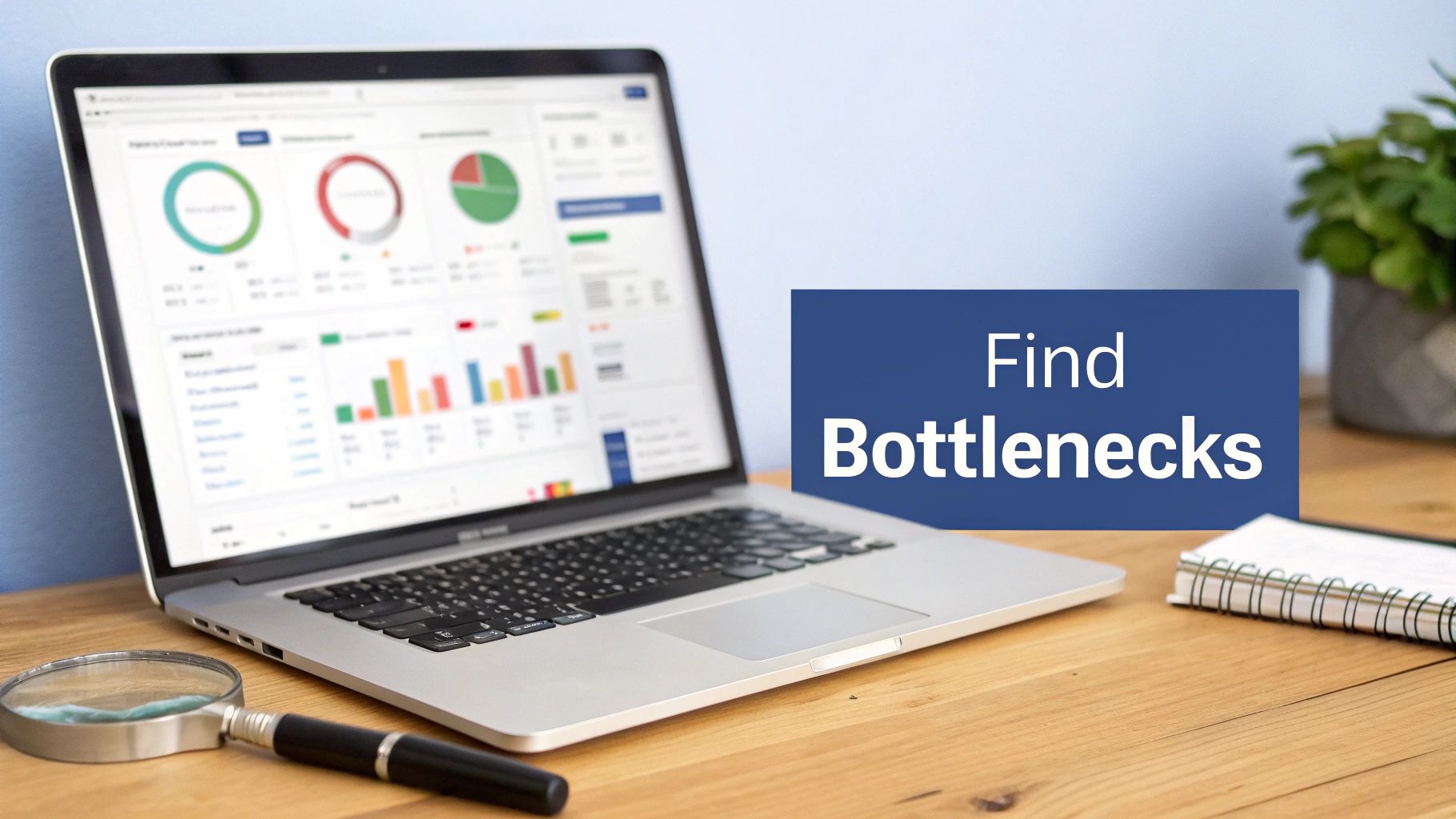 A laptop showing data analytics charts and graphs, a magnifying glass, and text 'Find Bottlenecks'.