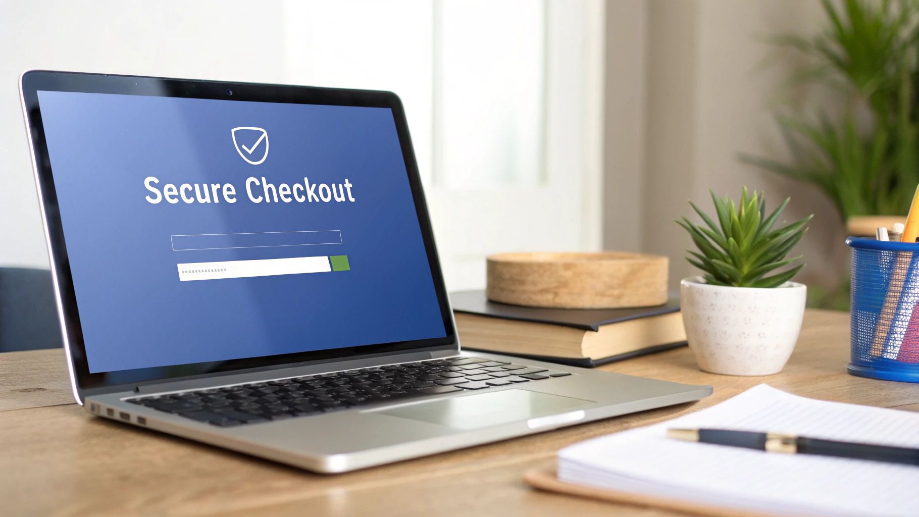 Laptop displaying 'Secure Checkout' on a blue screen with a progress bar, on a desk with books and a plant.