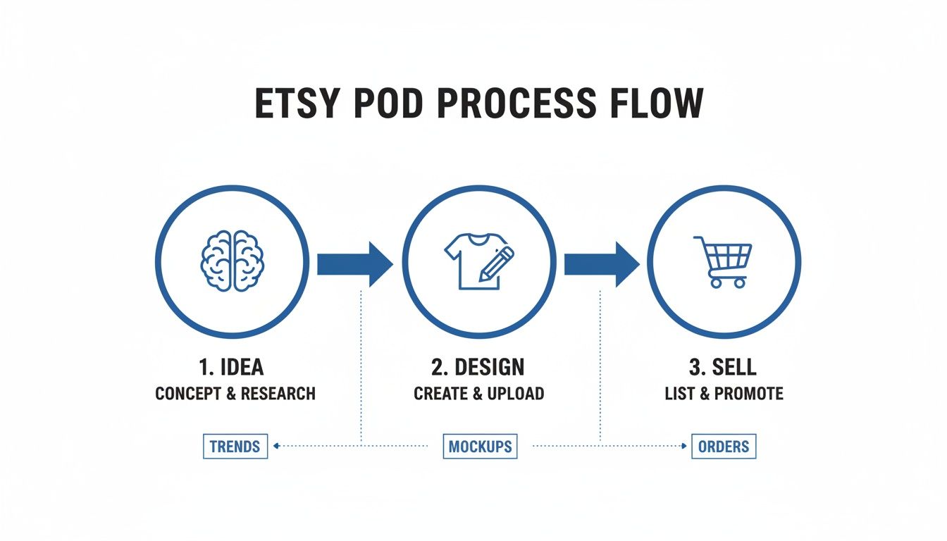 Etsy Print on Demand process flow showing steps: Idea, Design, and Sell.