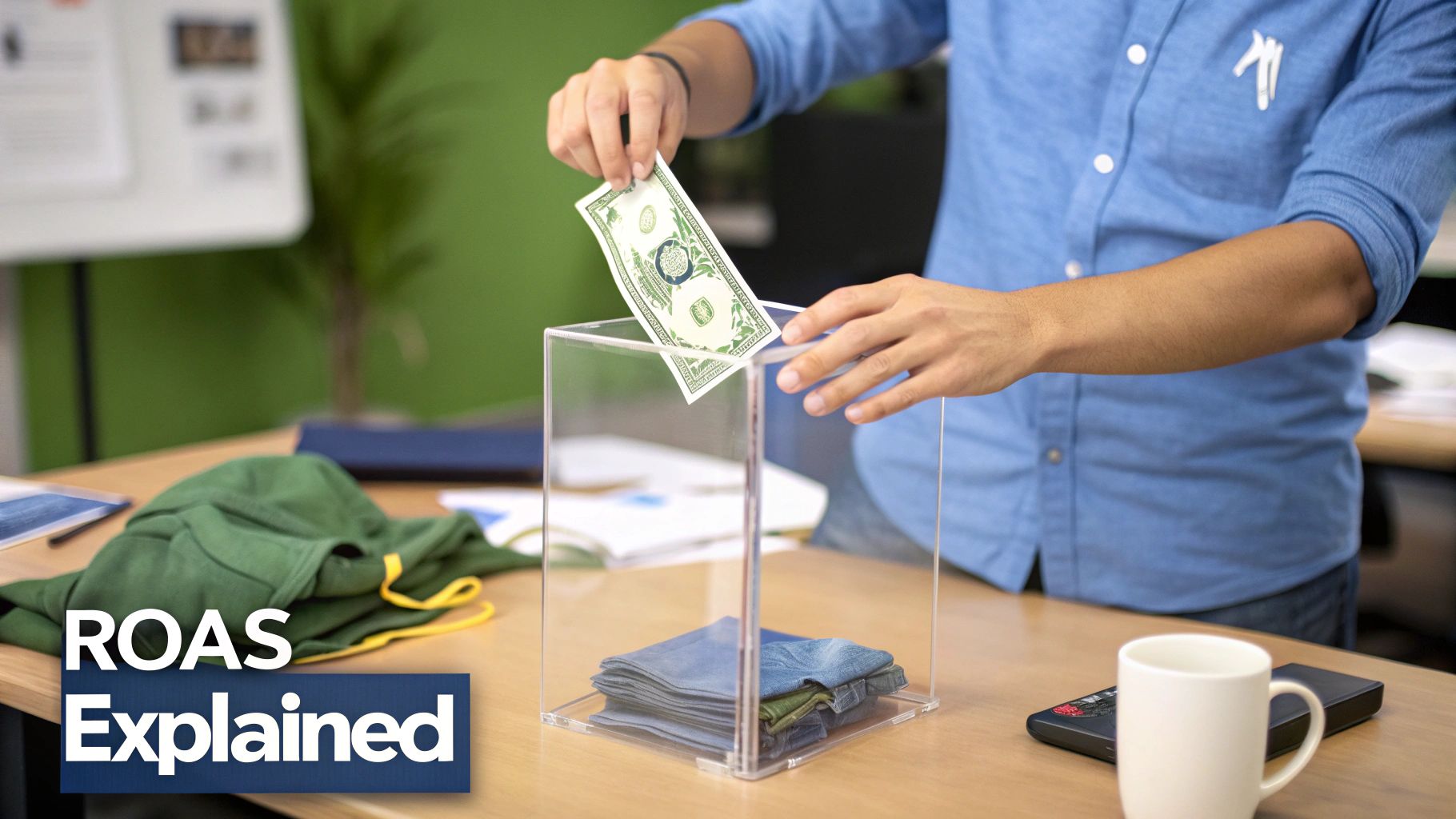 A person places a dollar bill into a clear box containing clothes, symbolizing ad spend or investment.