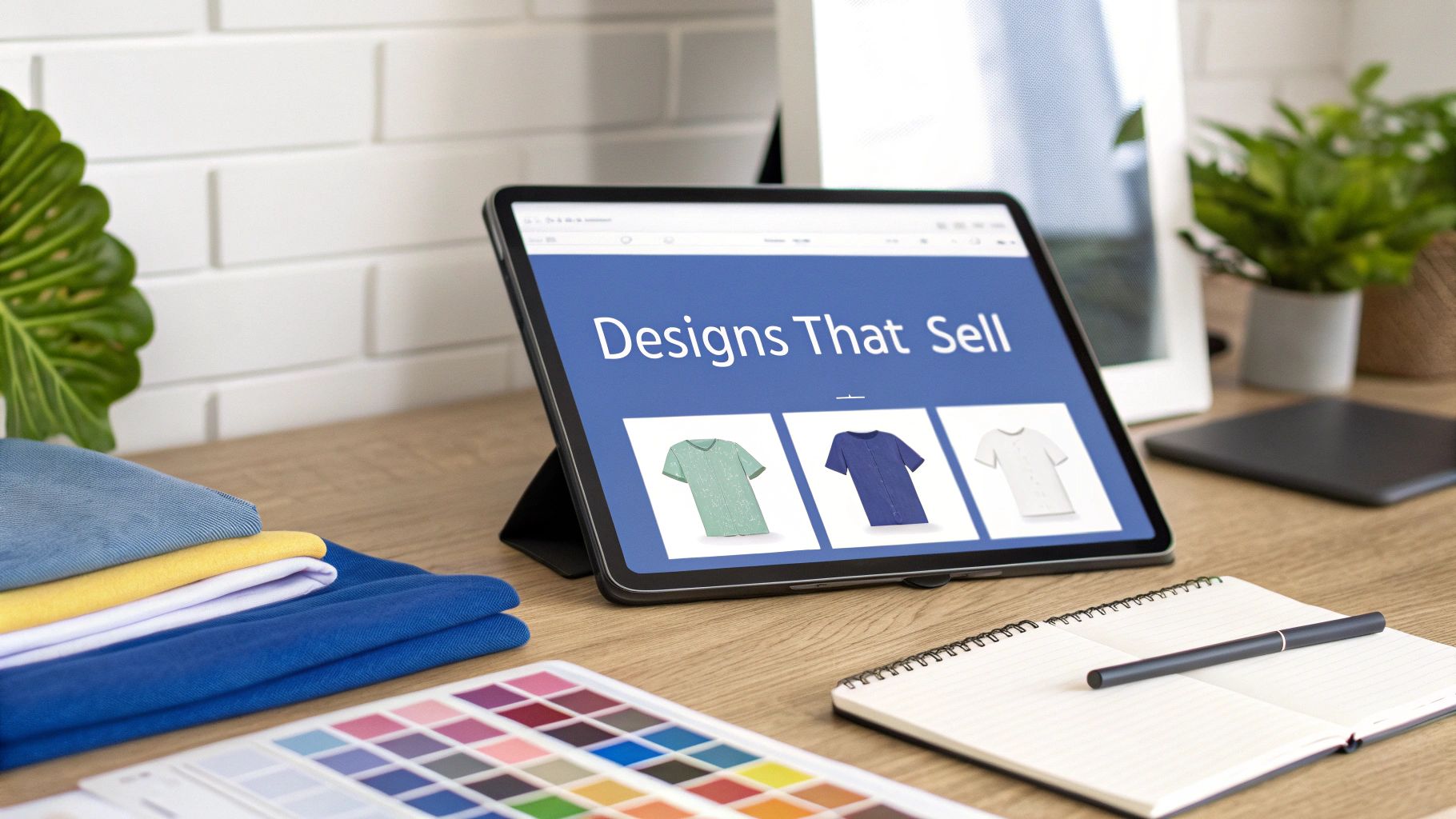 A creative workspace with a tablet showing t-shirt designs for 'Designs That Sell', fabric, and color swatches.