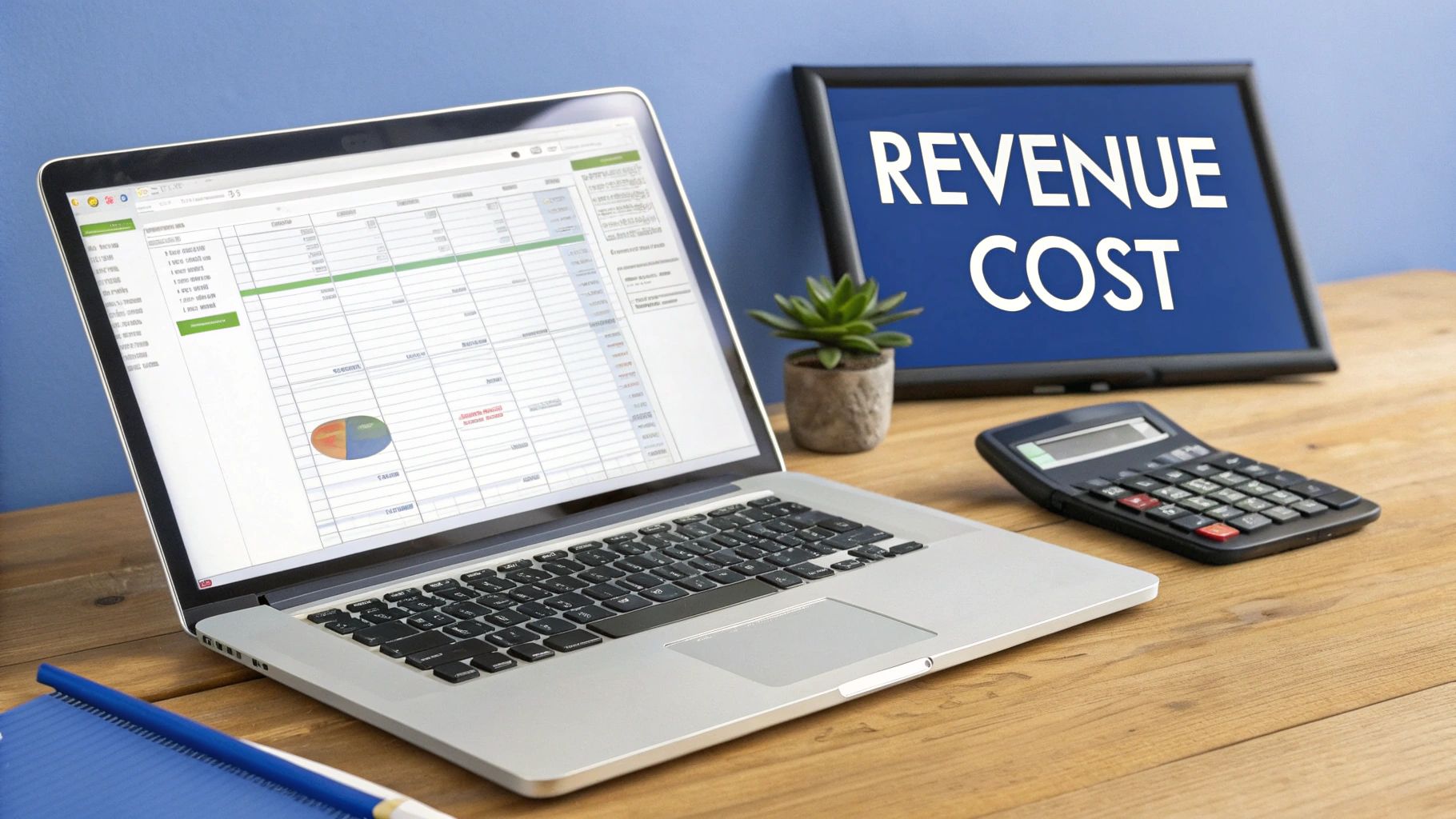 A laptop showing a financial spreadsheet, a monitor displaying 'REVENUE COST', and a calculator.