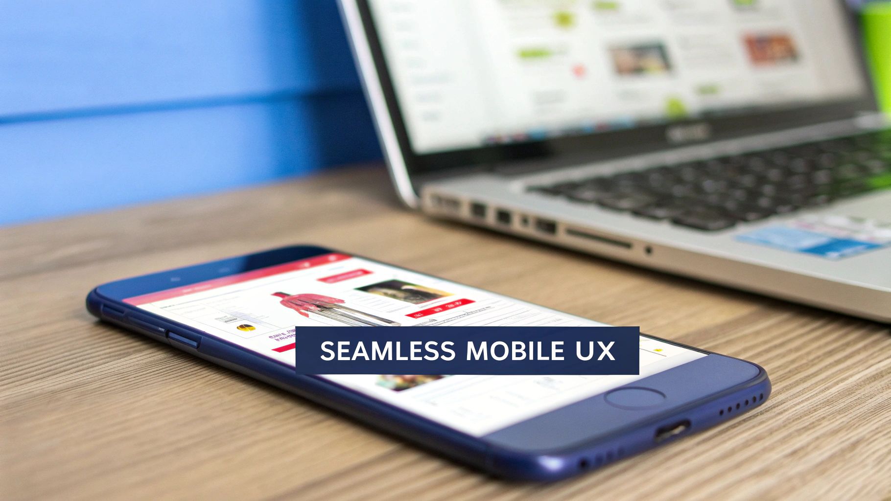 A smartphone displaying an e-commerce website with products, next to a laptop on a wooden desk, emphasizing mobile user experience.