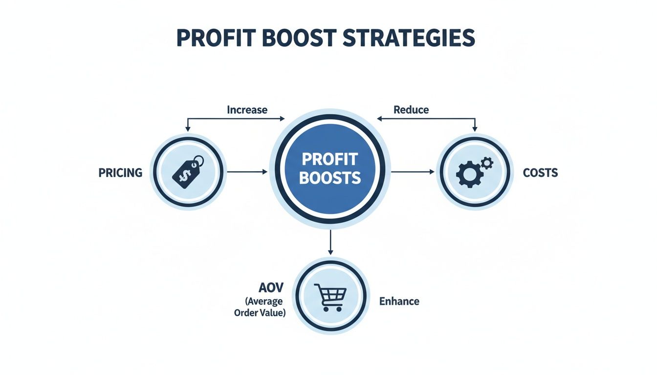 Diagram illustrating profit boost strategies: increase pricing, reduce costs, and enhance average order value.