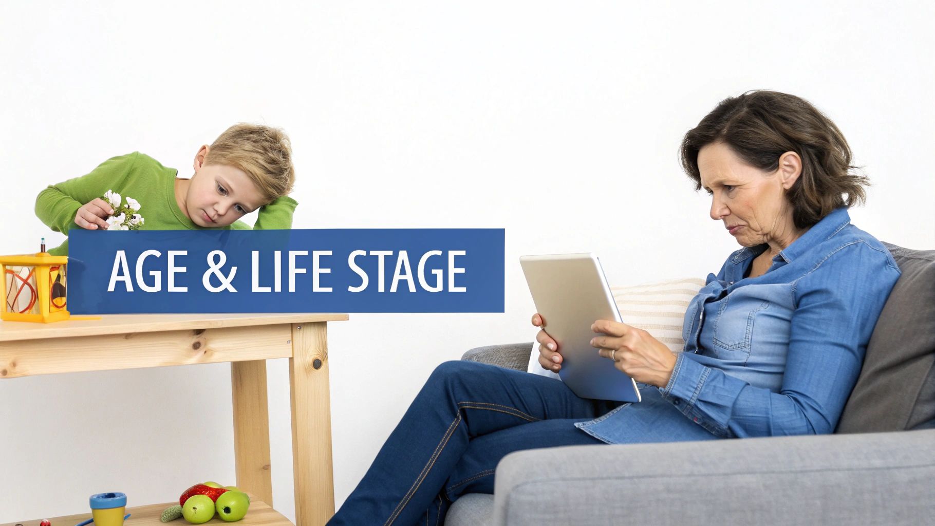 A young boy with flowers and an older woman using a tablet, depicting 'AGE & LIFE STAGE'.