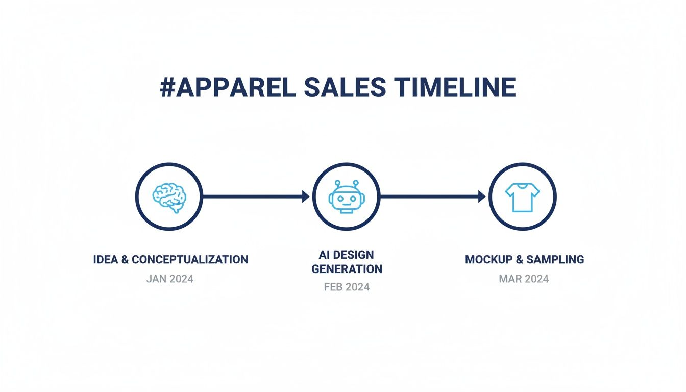 Timeline illustrating apparel sales process from conceptualization and AI design generation to mockup and sampling.