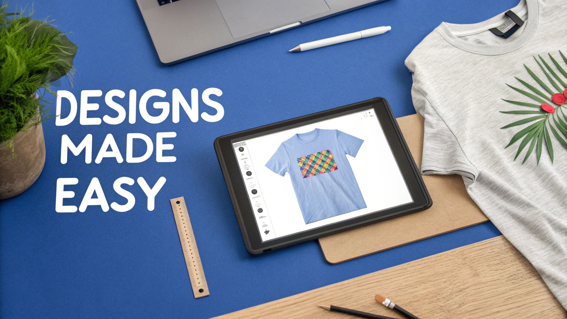 A flat lay of a blue desk with a tablet showing a t-shirt design, a grey t-shirt, and design tools.