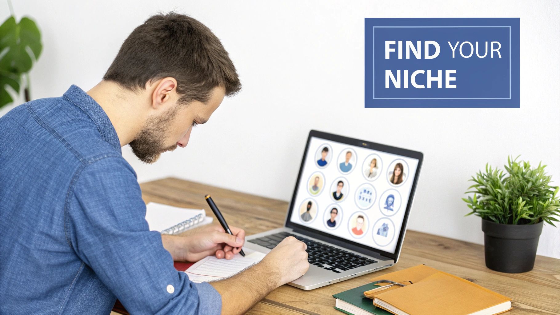 Focused man writing notes while looking at laptop with diverse profile pictures and 'FIND YOUR NICHE' text.