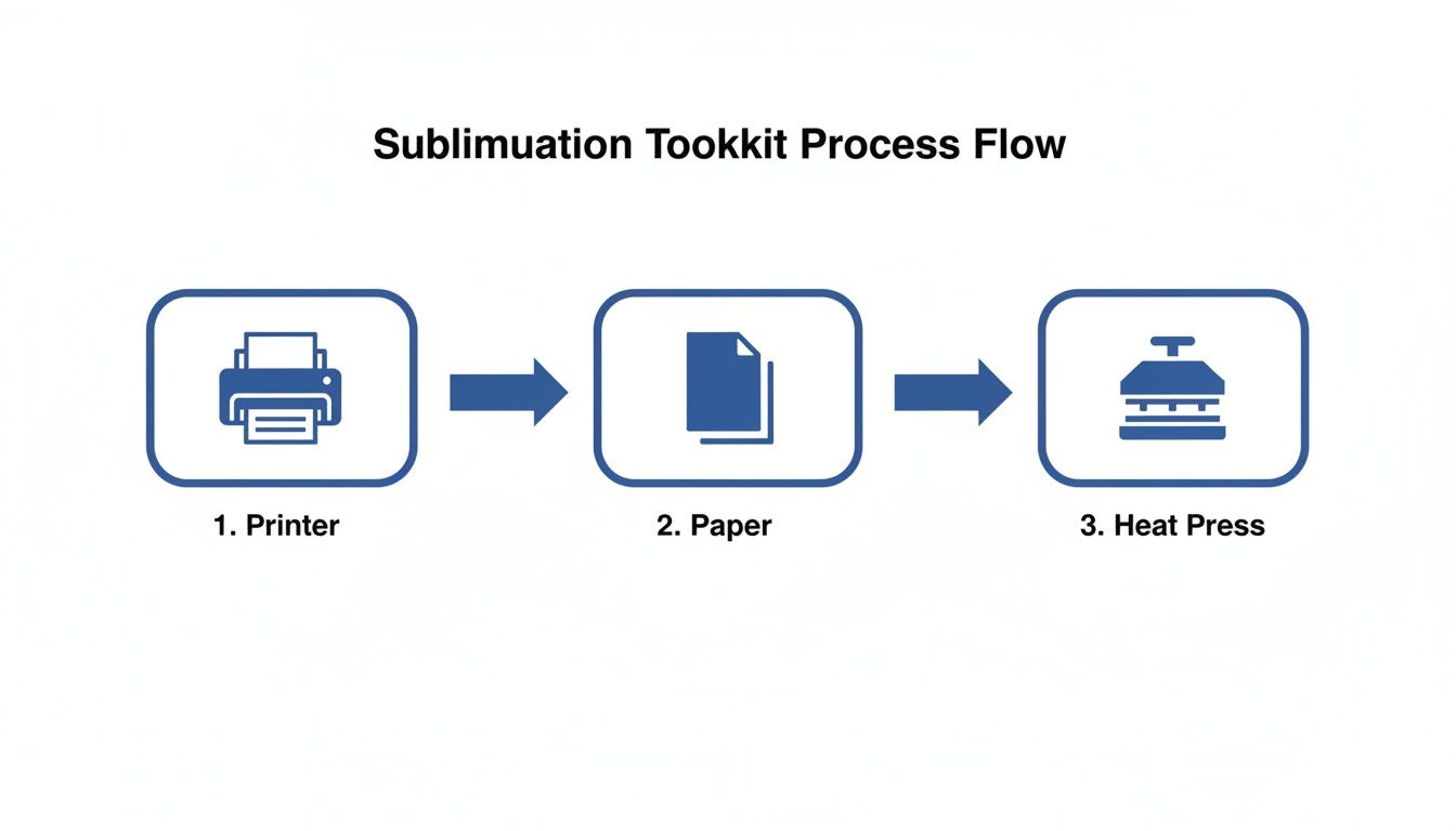 Flowchart illustrating the sublimation printing process from printer to paper to heat press.