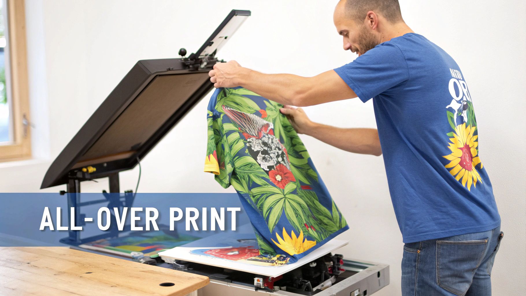 Man carefully positions a colorful, all-over printed t-shirt onto a textile printing machine.