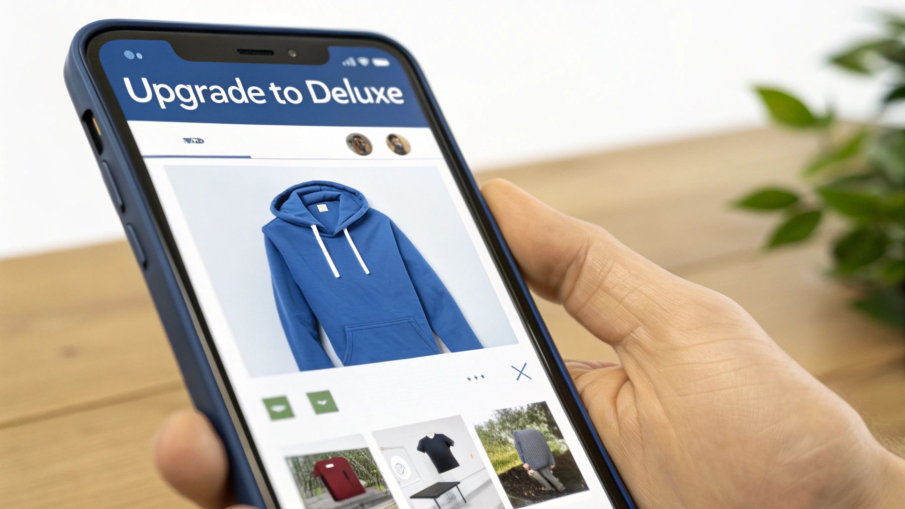 A person holds a smartphone displaying an e-commerce app with a blue hoodie and 'Upgrade to Deluxe'.