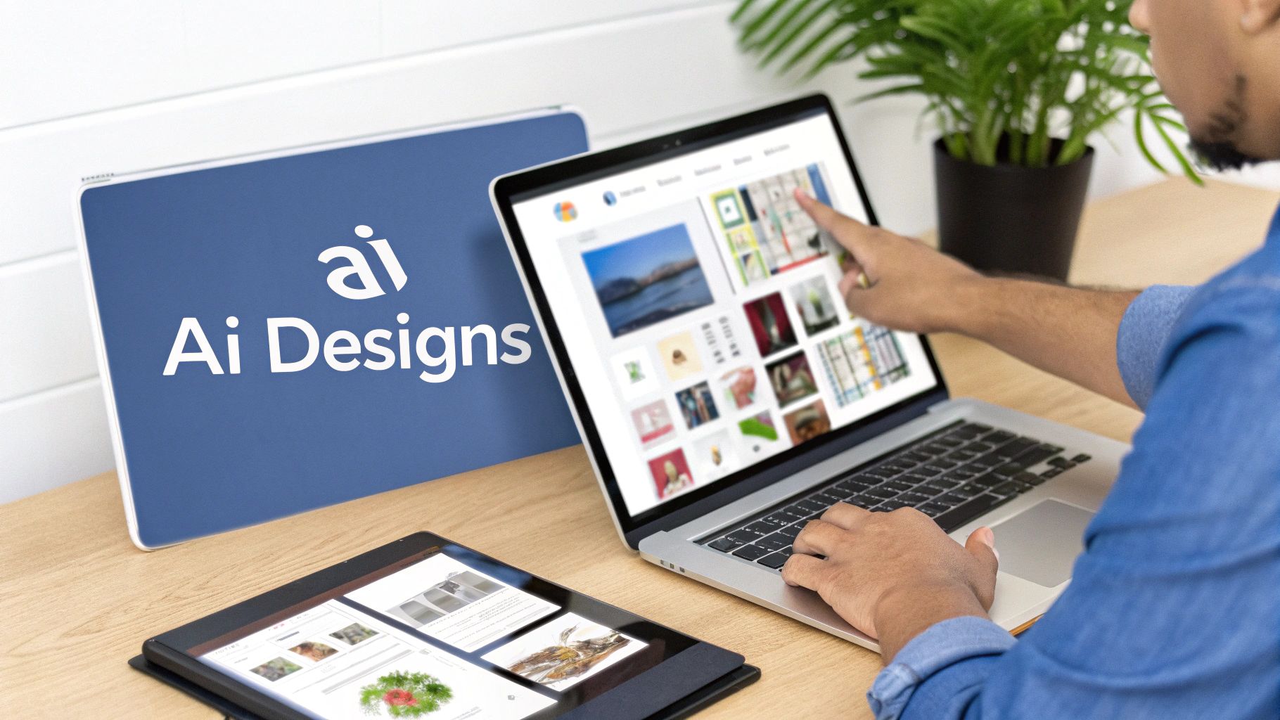 A person interacts with a laptop and tablet, showcasing digital designs for a creative business.