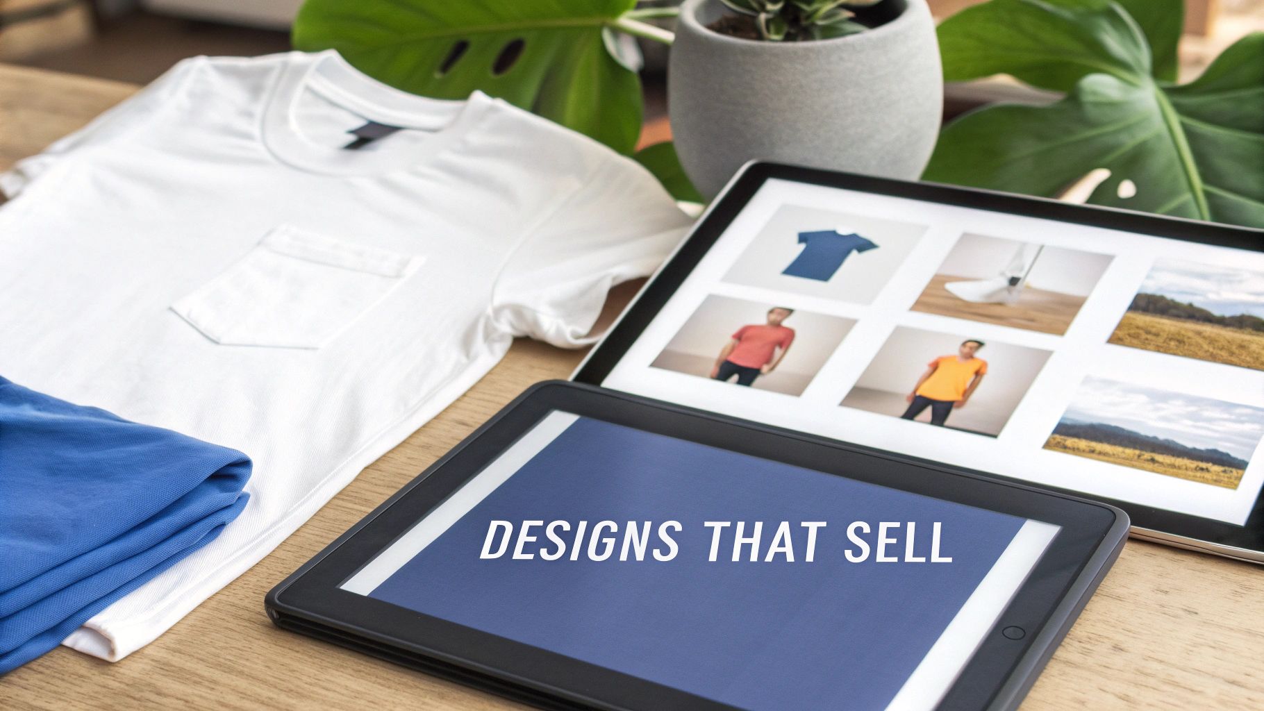 Two tablets displaying clothing designs and sales advice, next to a white t-shirt and folded blue shirt.