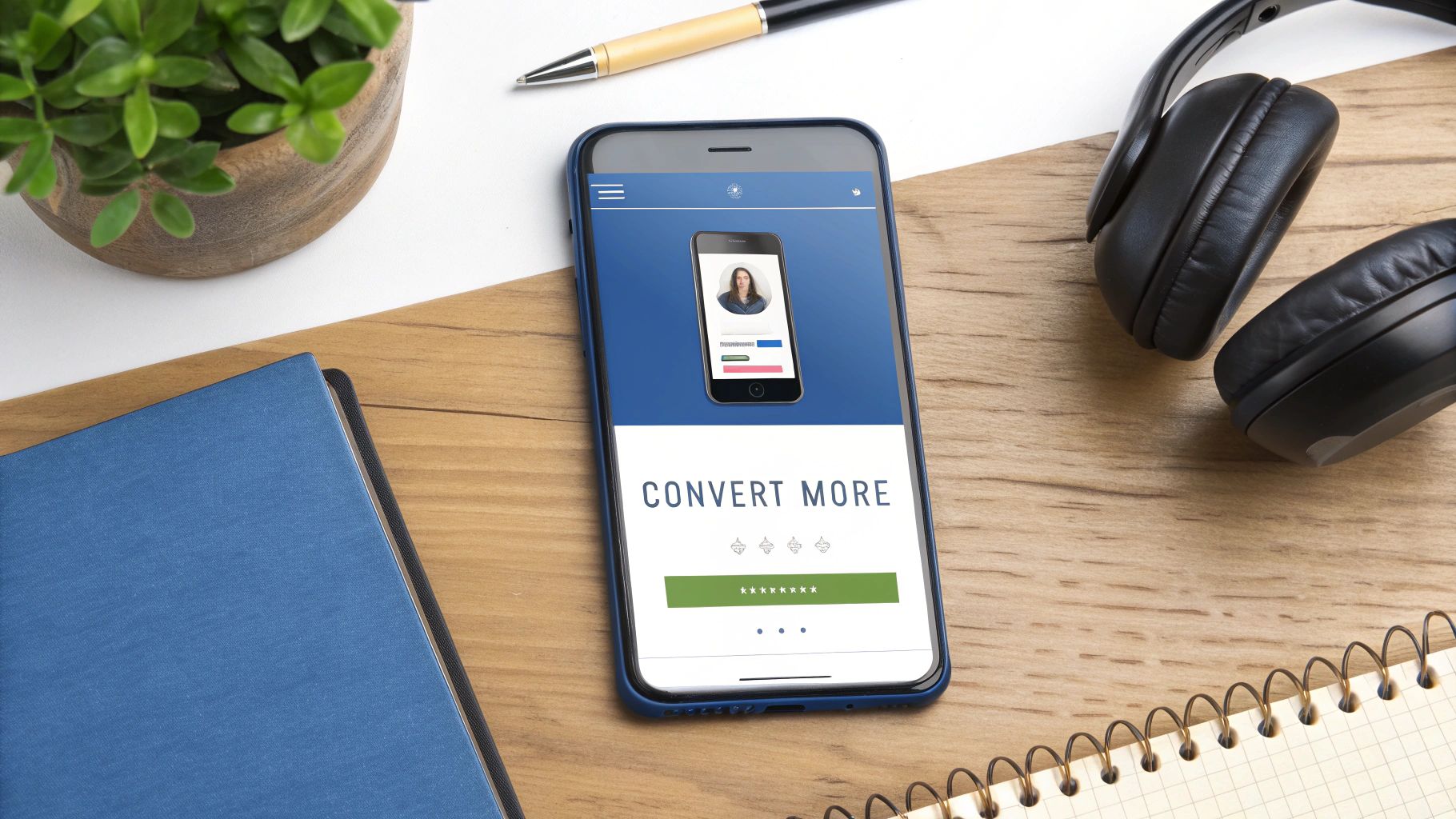 Overhead shot of a wooden desk with a phone showing 'Convert More', plant, headphones, and notebooks.