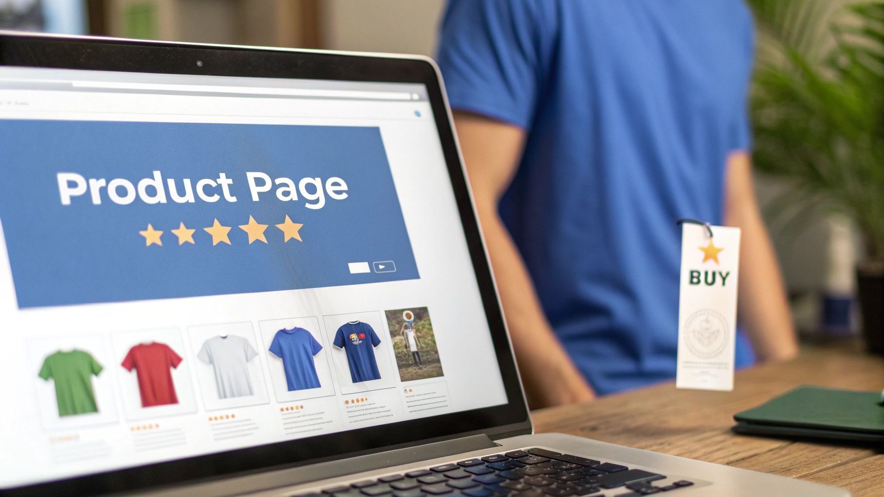 Laptop displaying an e-commerce product page with T-shirt options, product ratings, and a 'BUY' tag, illustrating online shopping.