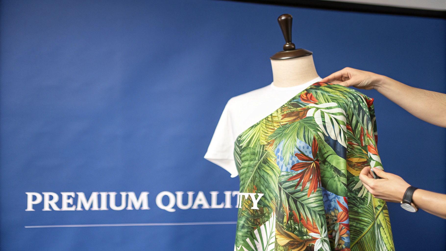 Hands adjust vibrant tropical print fabric on a mannequin wearing a white t-shirt.