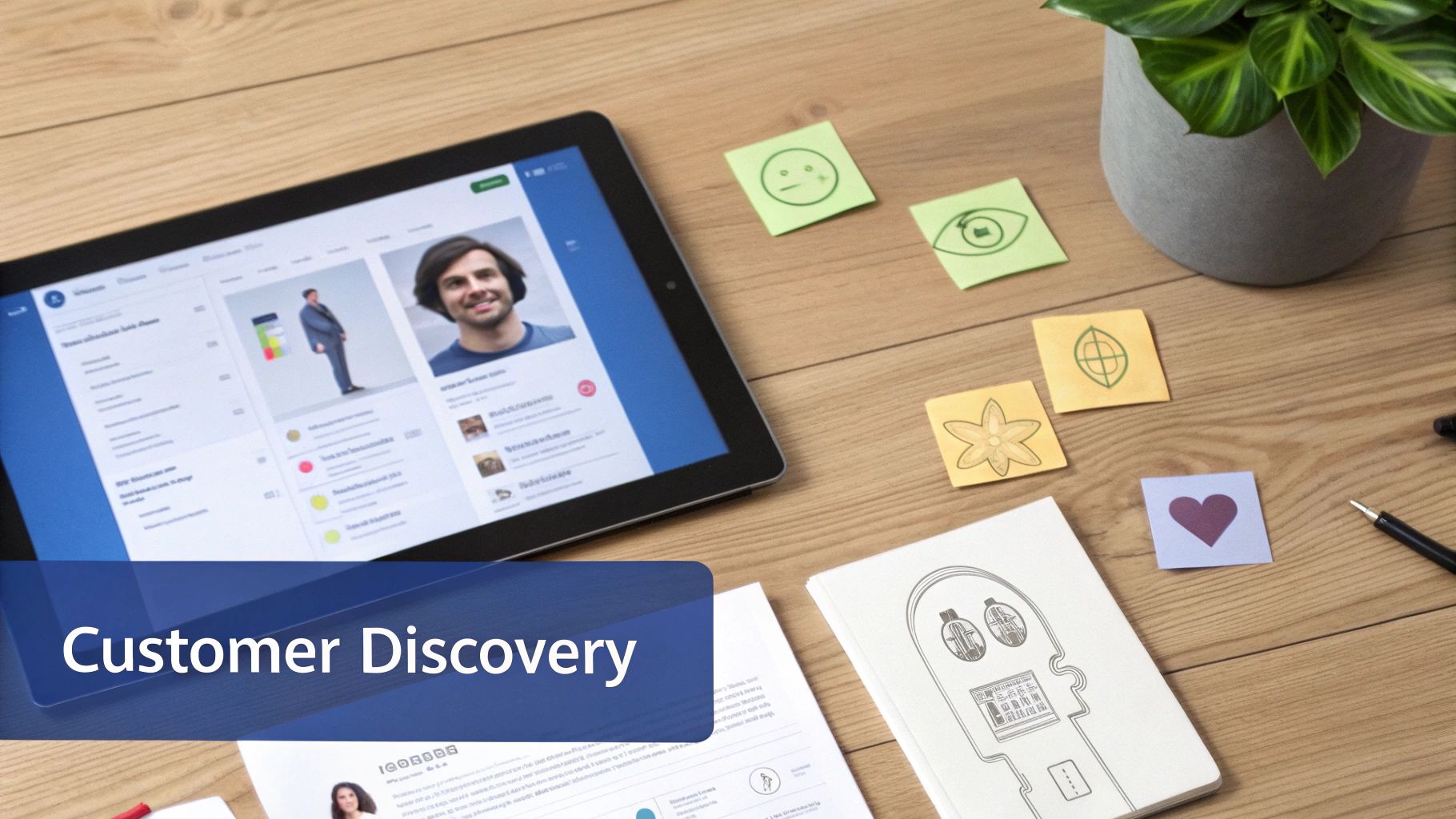 A tablet showing customer profiles and sticky notes representing customer discovery on a wooden desk.
