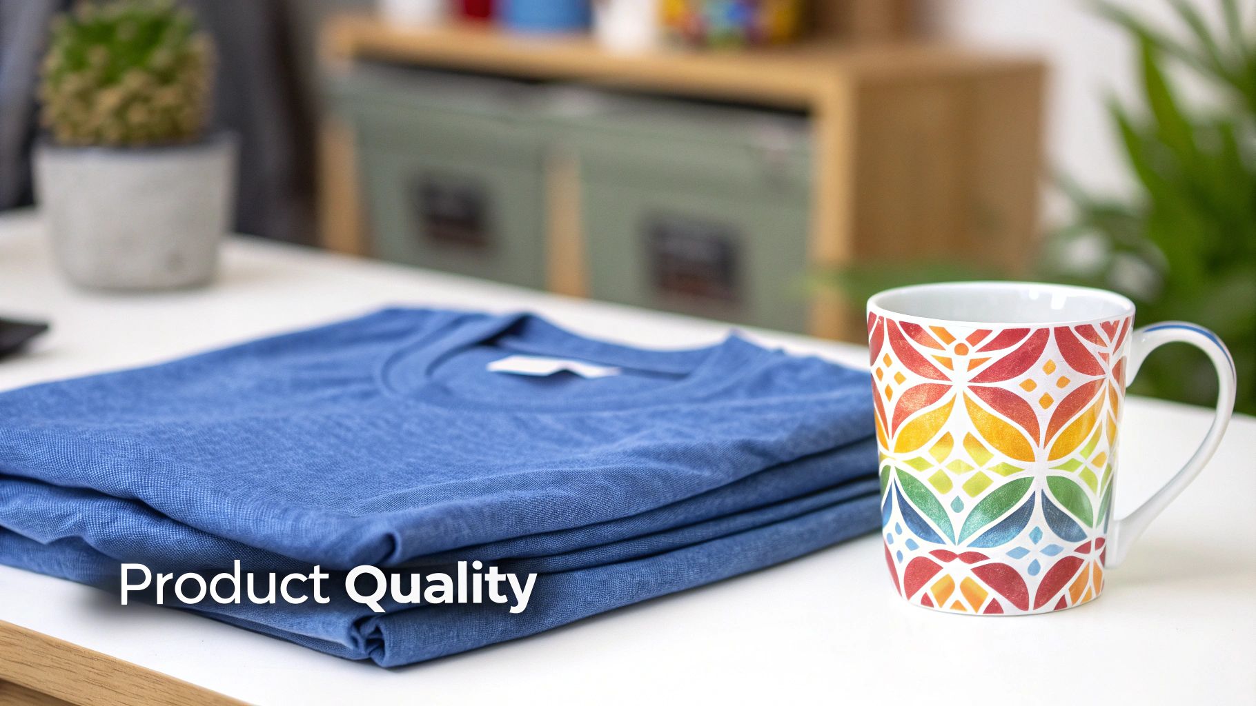 Blue t-shirts folded neatly beside a vibrant rainbow patterned coffee mug on a clean white surface.
