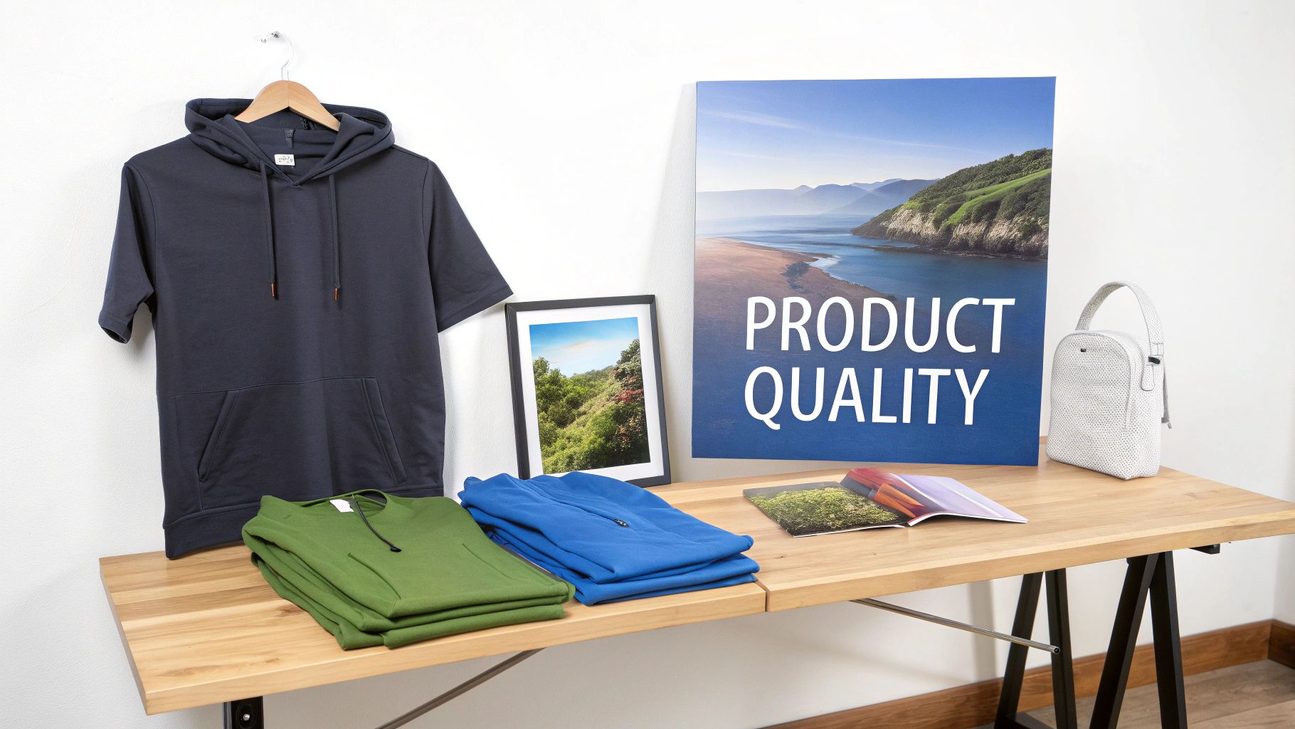 A retail display featuring clothing, a "PRODUCT QUALITY" sign, and a white handbag on a wooden table.