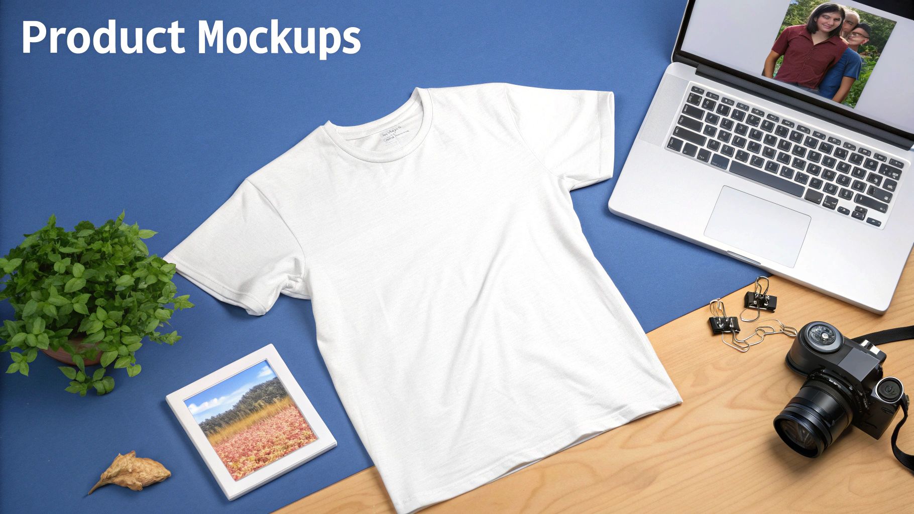 A flat lay of product mockups on a blue and wood background, featuring a white t-shirt, laptop, camera, plant, and framed photo.