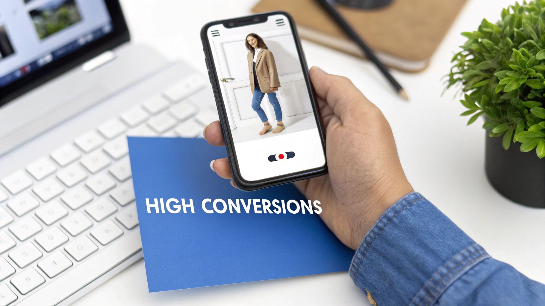Hand holding a smartphone displaying a model in a blazer, next to a 'HIGH CONVERSIONS' card.