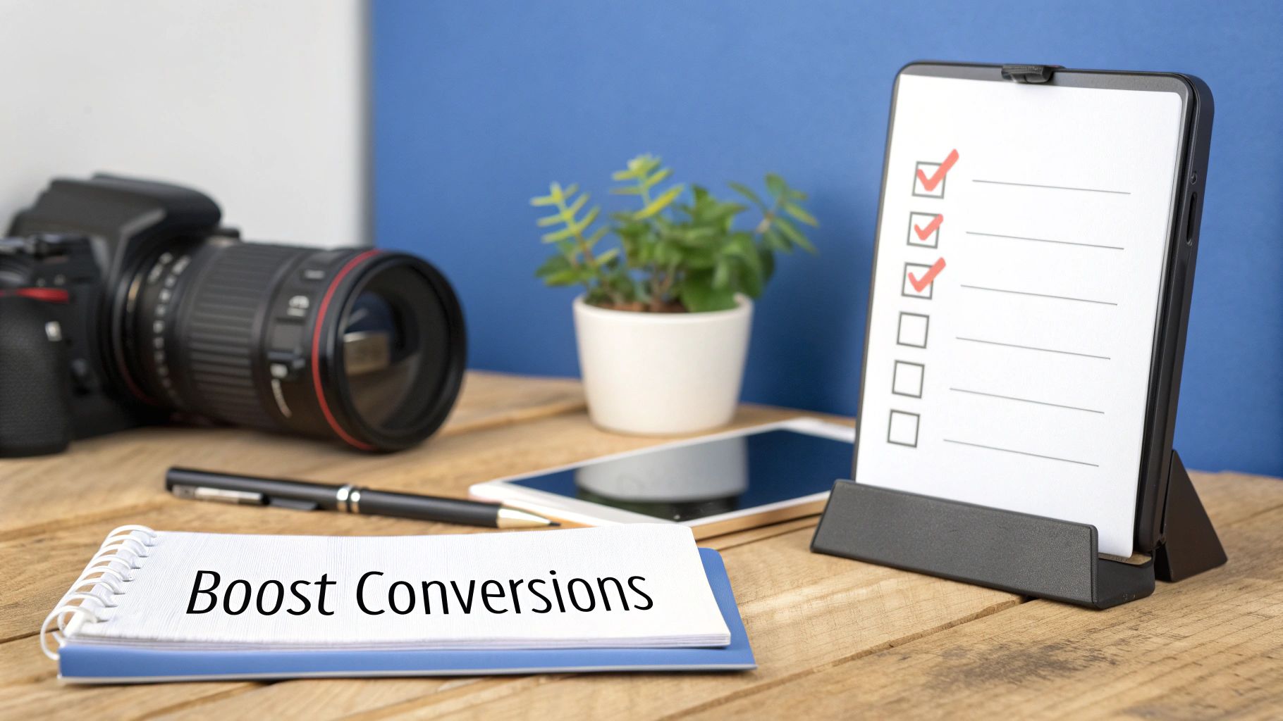 A desk with a camera, a notepad displaying 'Boost Conversions', a tablet with a checklist, and a plant.