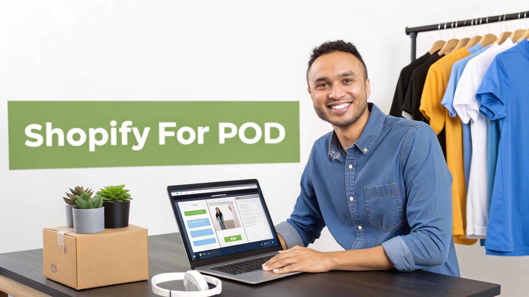 Smiling man on a laptop for Shopify Print-On-Demand, with a clothing rack and products.