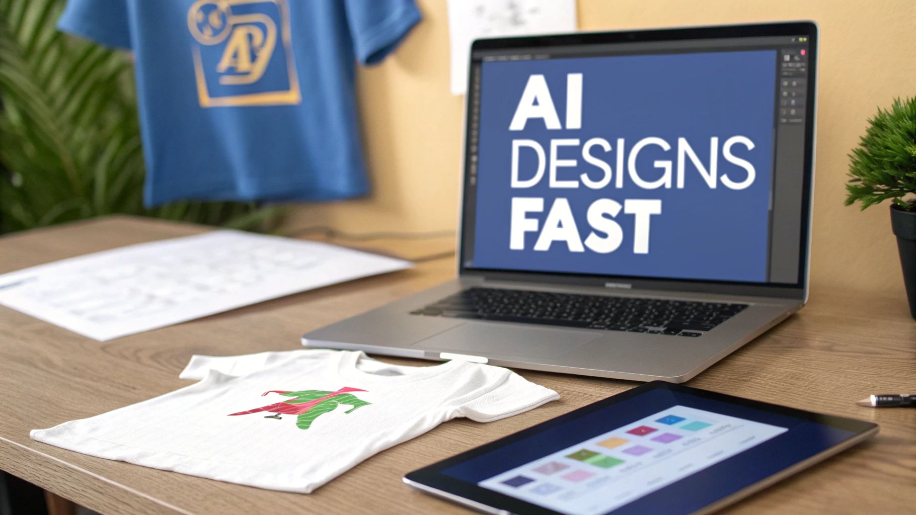 Desk with laptop, tablet, and custom t-shirt for print-on-demand design.