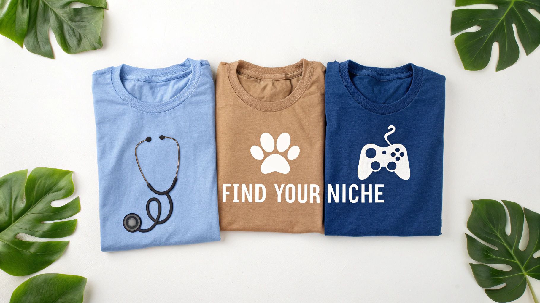 Three folded t-shirts with stethoscope, paw print, and game controller designs, promoting 'FIND YOUR NICHE'.