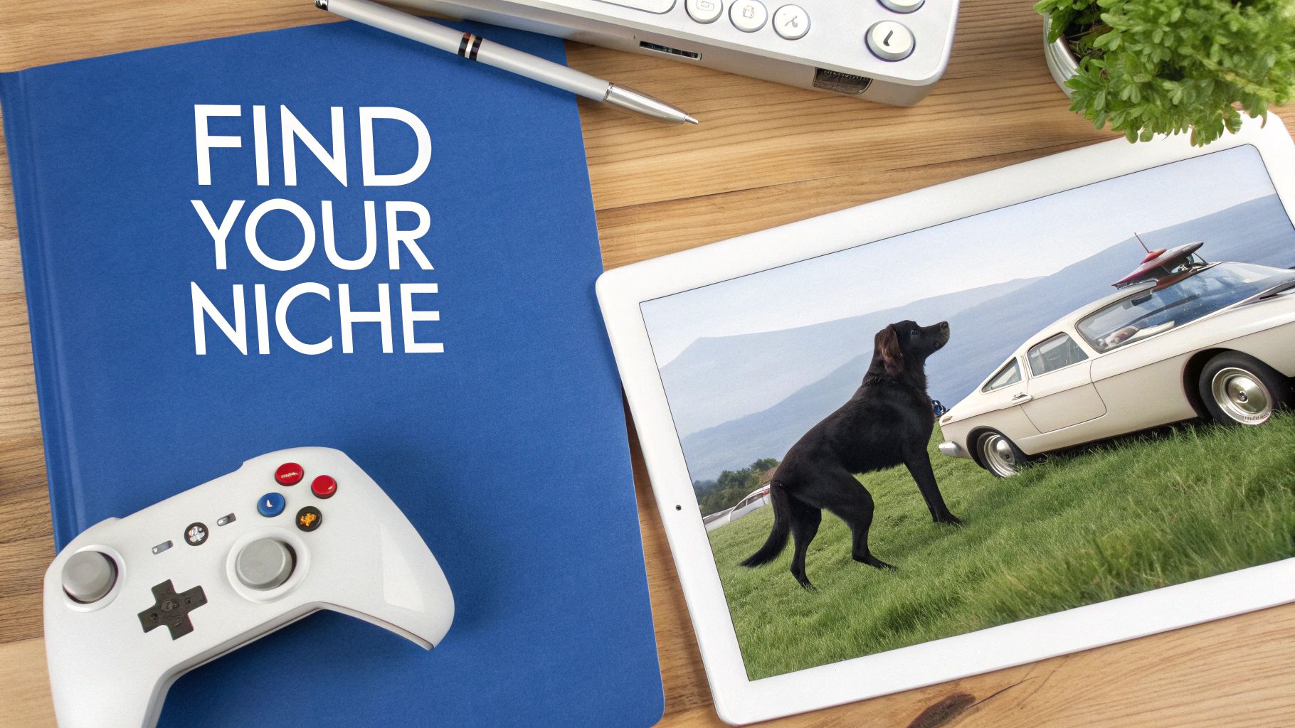Overhead view of a desk with a 'Find Your Niche' book, game controller, and tablet showing a dog.