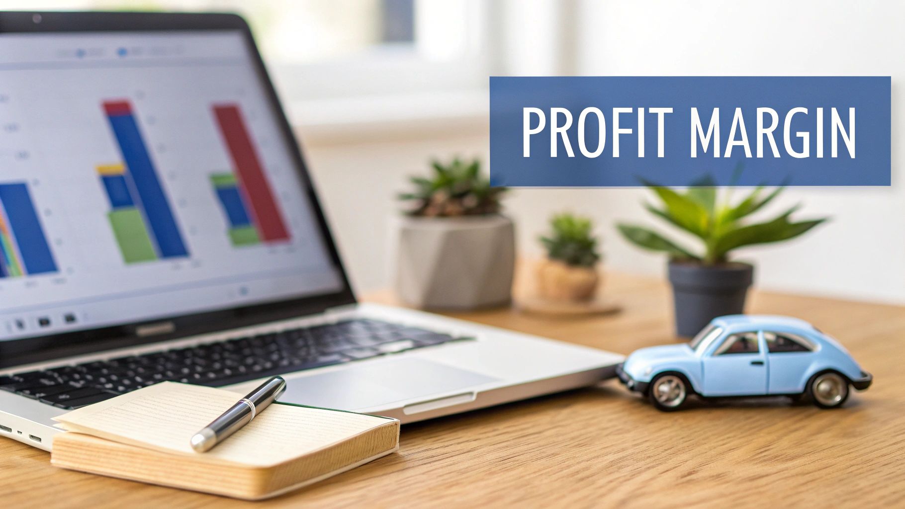 Laptop showing financial graphs, a notebook with a pen, and a toy car on a wooden desk, with a 'PROFIT MARGIN' banner.