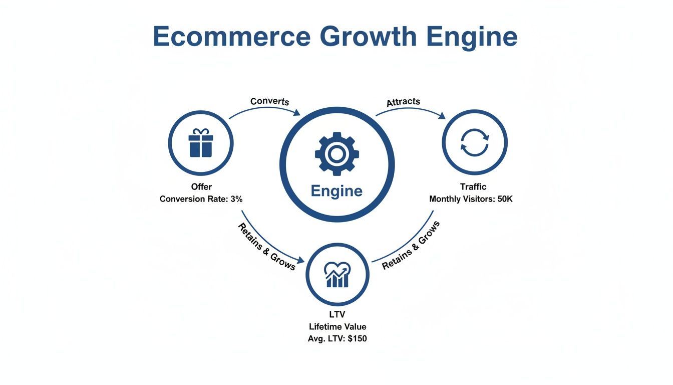 A circular diagram illustrating an ecommerce growth engine connecting traffic, offers, and customer lifetime value.